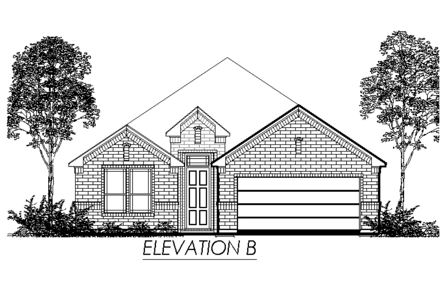 Architectural elevation drawing of a single-story house with a garage and trees.