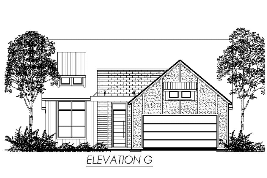 Architectural line drawing of a single-story residential house elevation with a garage.