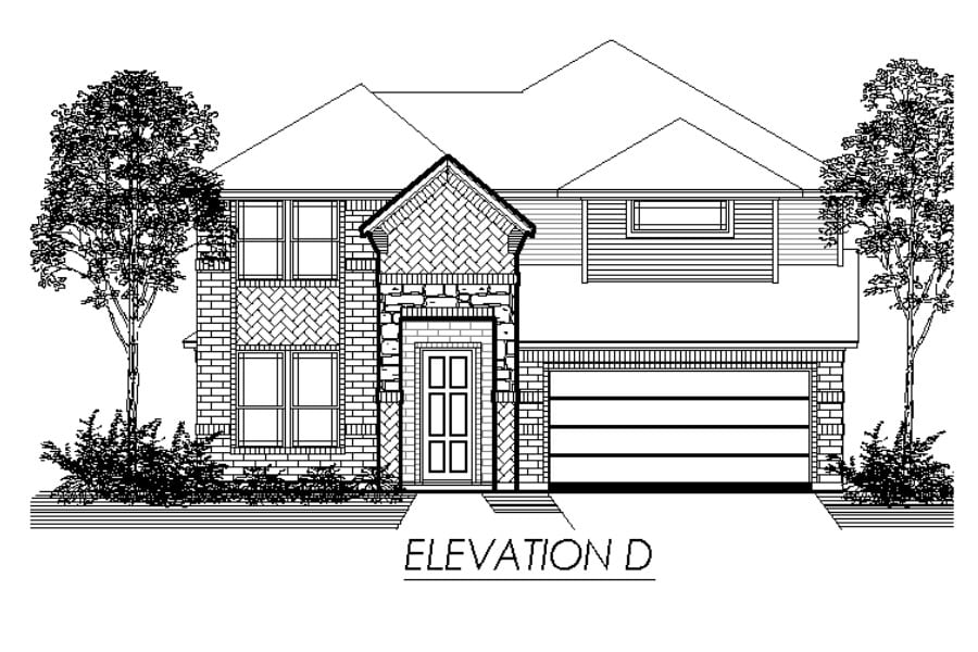 Architectural line drawing of a two-story house with a front elevation labeled "elevation d", featuring a prominent entrance and a two-car garage, flanked by trees.