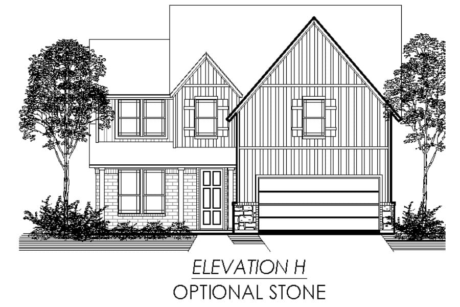 Architectural drawing of a two-story residential house with an optional stone facade, labeled "elevation h".