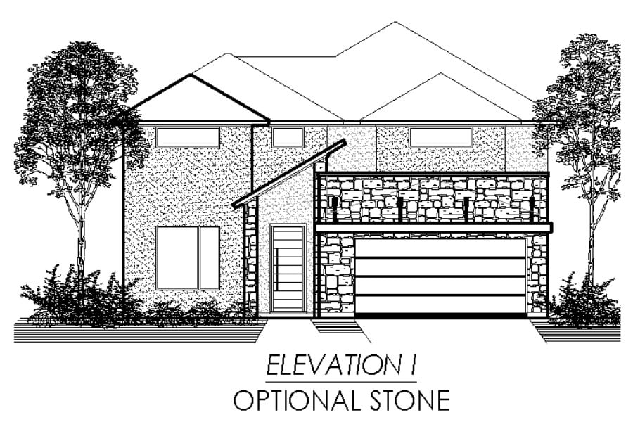 Architectural line drawing of a two-story house with an optional stone facade and attached garage.