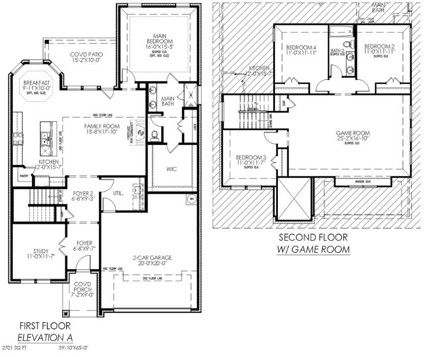 Floor plan of a two-story house with labeled rooms, including bedrooms, bathrooms, kitchen, and a game room on the second floor.