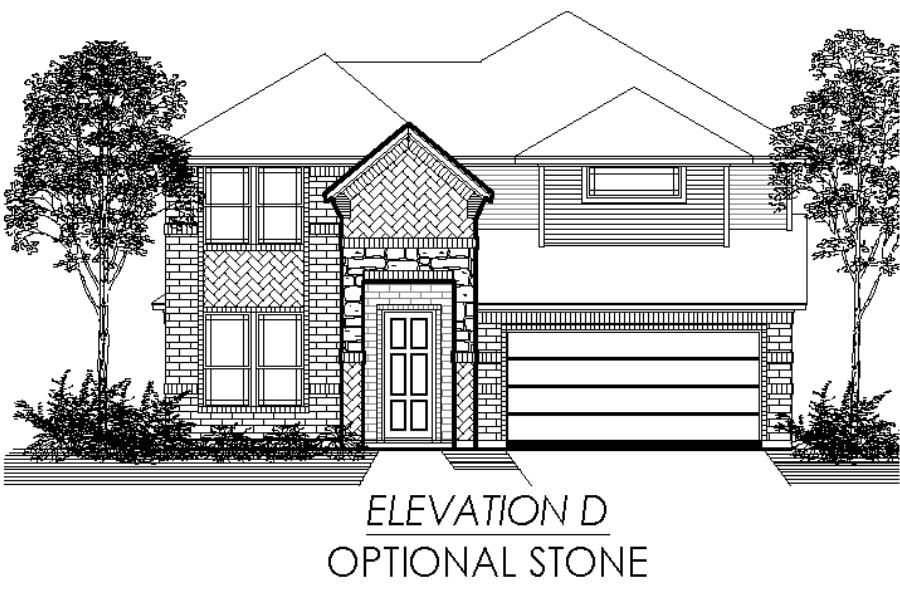 Black and white architectural drawing of a two-story residential house with an optional stone facade, labeled "elevation d".