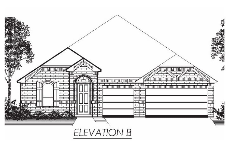 Architectural drawing of a single-story house with a pitched roof, featuring a front entrance and a two-car garage, labeled "elevation b.