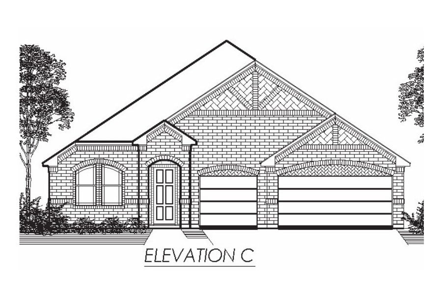 Architectural rendering of a single-story residential house with a double garage and a gabled roof, labeled "elevation c".