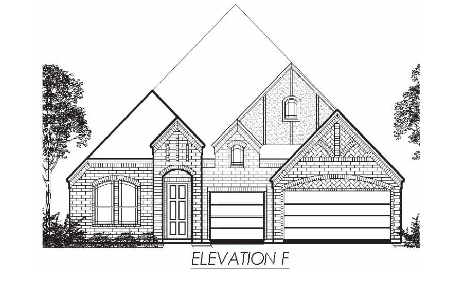 Architectural line drawing of a residential house front elevation labeled "elevation f" with a brick facade, gabled roof, and two-car garage.