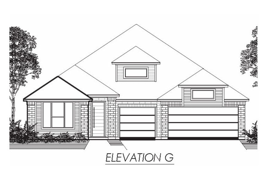 Architectural drawing of a house elevation labeled "elevation g" with a prominent gable roof and garage.
