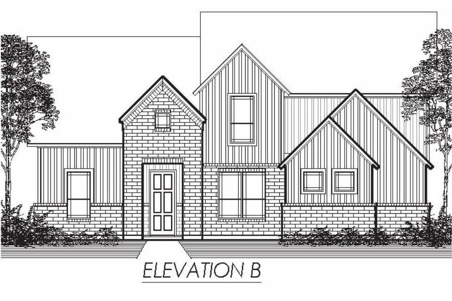Architectural elevation drawing of a residential house with mixed siding materials.