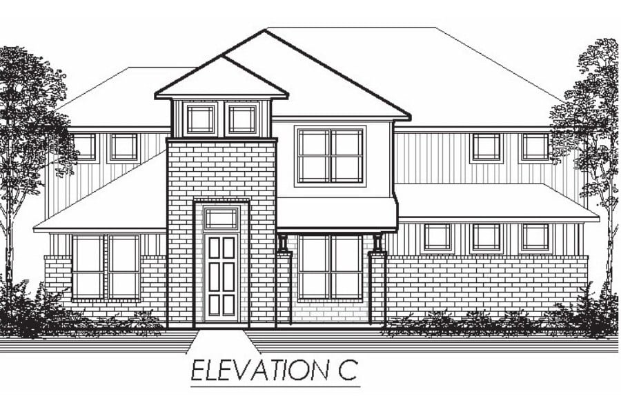 Architectural elevation drawing of a two-story residential house with a brick facade, labeled "elevation c".