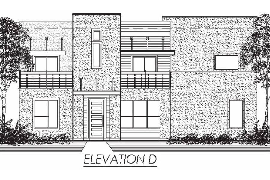 Architectural drawing of a two-story residential building elevation.