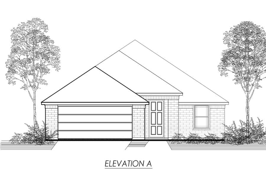 Architectural drawing of a single-story house front elevation labeled "elevation a", flanked by two trees.