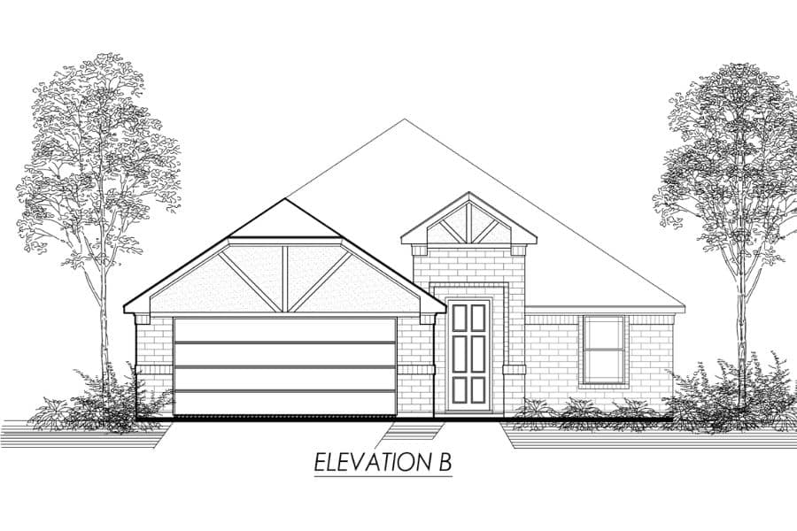 Architectural drawing of a single-story house elevation with gabled roofs and an attached garage, flanked by tree silhouettes.