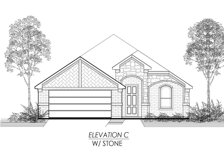 Architectural drawing of a single-story residential facade with stone detailing, labeled "elevation c w/ stone.