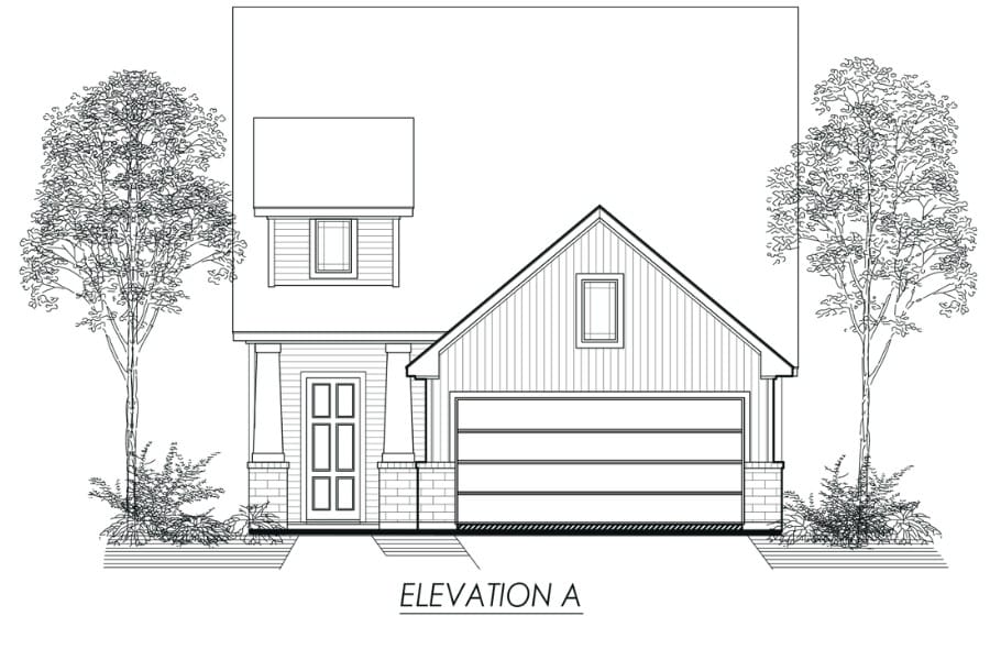 Architectural front elevation drawing of a single-family house with a garage and trees.