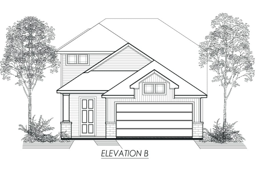 Architectural drawing of a two-story residential house with a garage, labeled "elevation b.