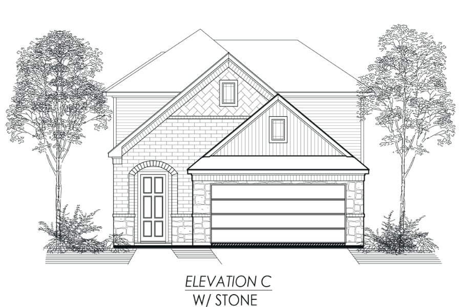 Architectural line drawing of a single-story house with a front garage and stone facade, labeled "elevation c w/ stone.
