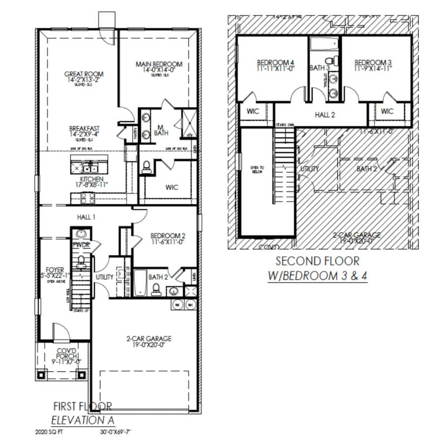 Two-story residential floor plan showing room layouts for the first and second floors, including a two-car garage and multiple bathrooms.