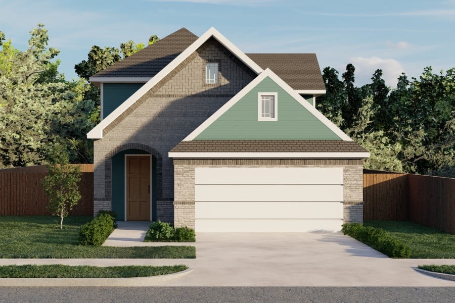 Modern two-story house with a garage and landscaped front yard.