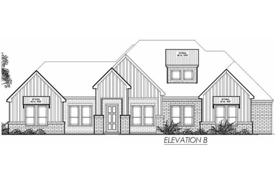 Architectural drawing of a single-story residential house elevation, labeled "elevation b.