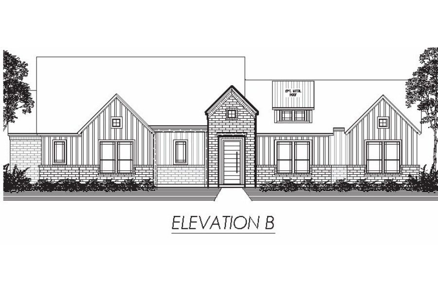 Front elevation architectural drawing of a single-story residential house with a pitched roof and a protruding entrance.