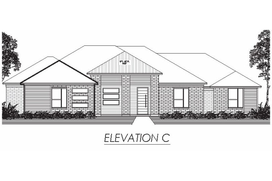 Architectural drawing of the front elevation of a single-story residential house with a symmetrical design and pitched roofs.