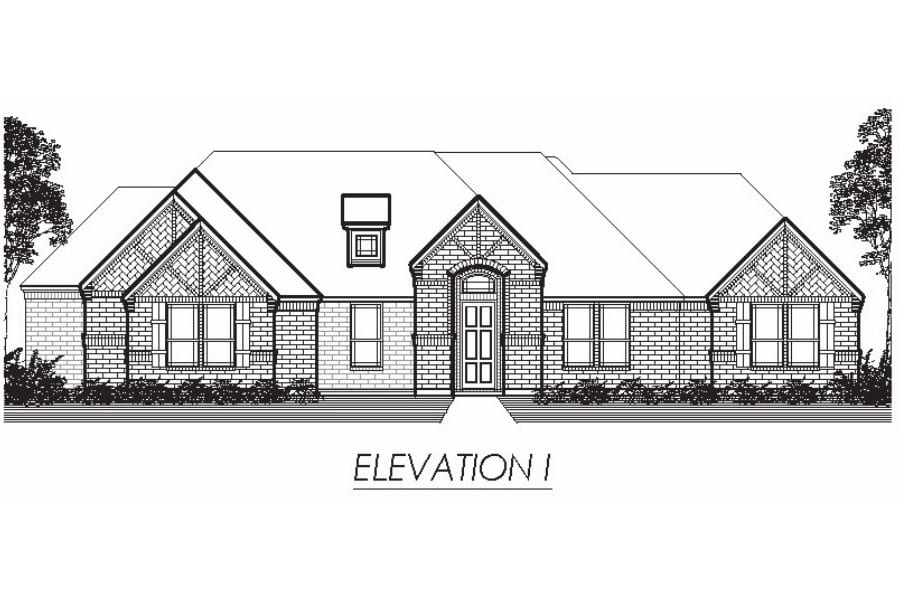 Architectural drawing of a single-story residential house front elevation.