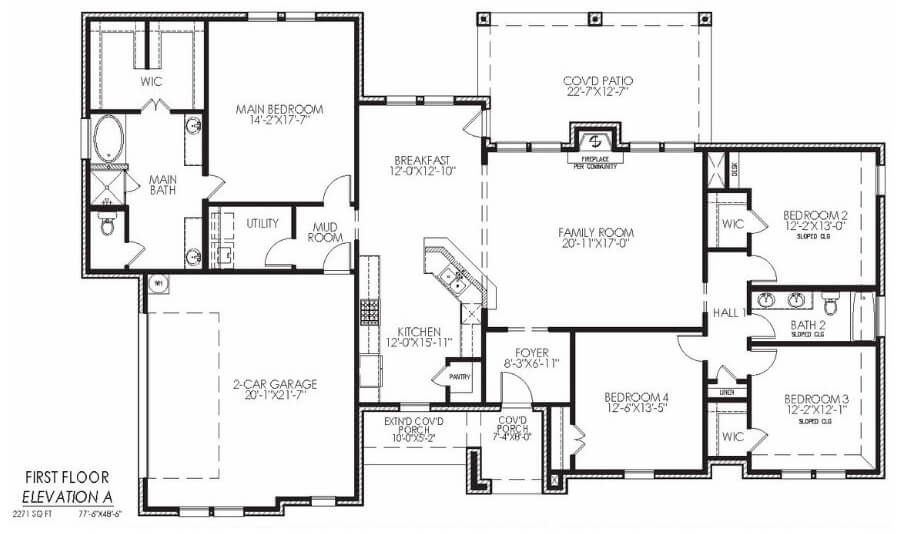 Architectural floor plan of a two-story house with four bedrooms, a two-car garage, and multiple bathrooms.