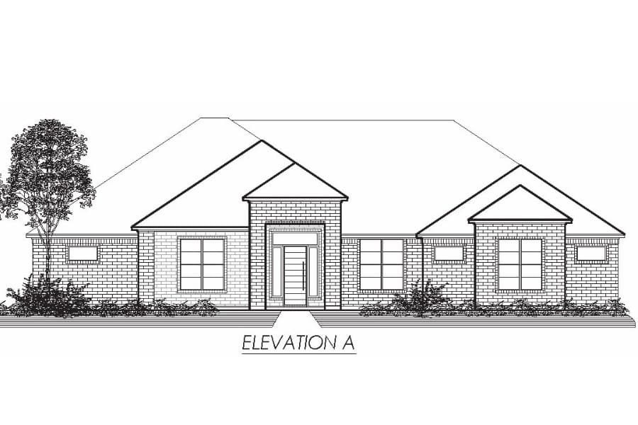 Architectural drawing of a single-story residential house front elevation, labeled "elevation a".