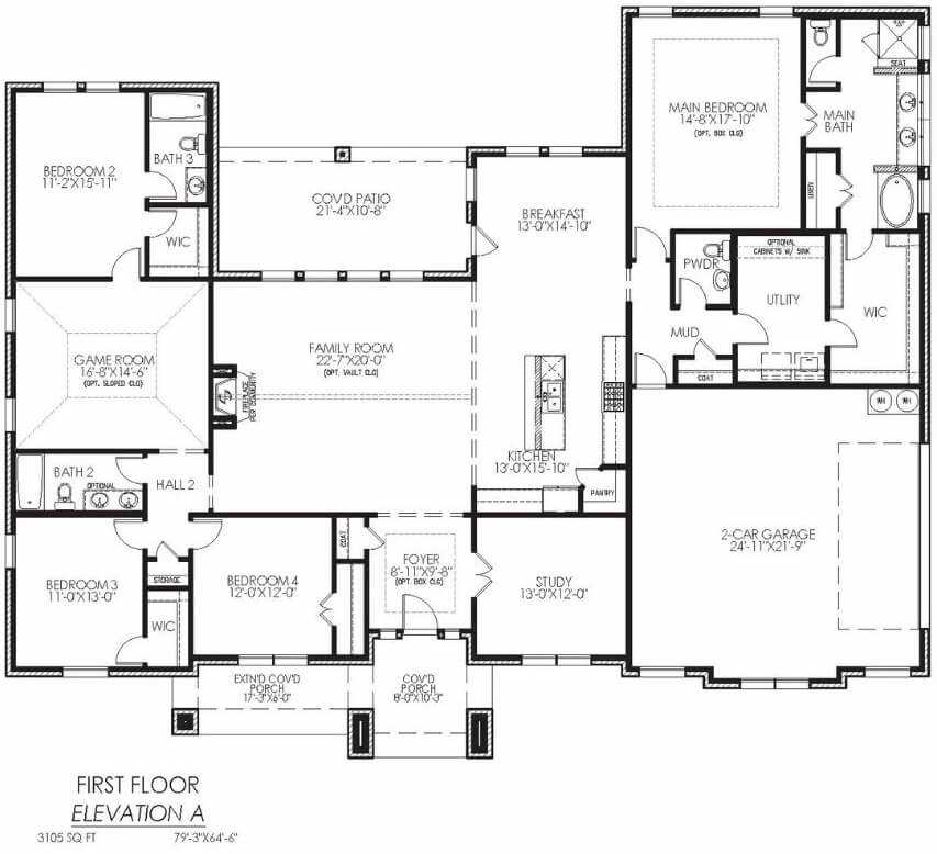 Architectural floor plan of a single-story residence with four bedrooms, multiple bathrooms, and additional living spaces.