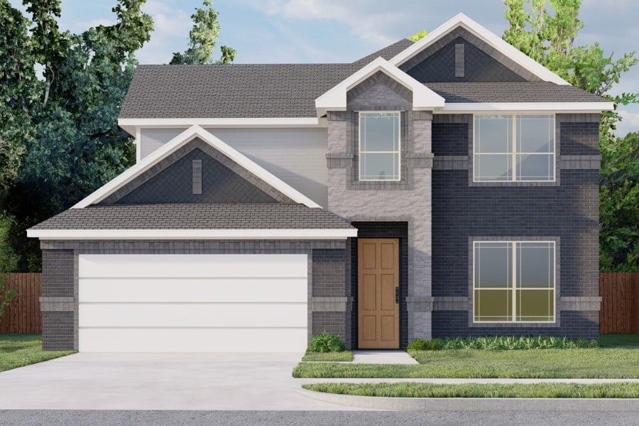 New two-story residential home with attached garage and wooden front door.