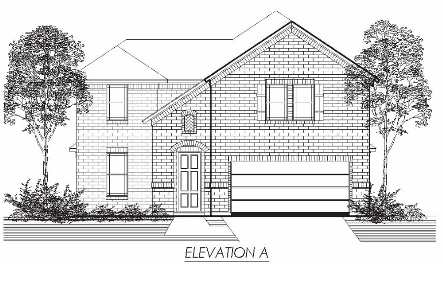 Architectural line drawing of a two-story residential building with a front-facing garage and trees on either side, labeled "elevation a.