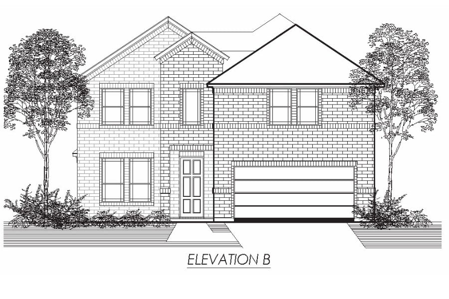 Architectural drawing of a two-story residential house with a front-facing garage and trees.