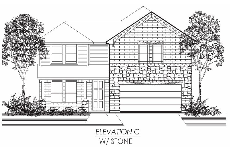 Architectural line drawing of a two-story residential house with stone elevation and an attached garage.