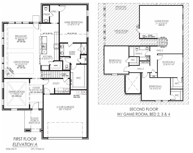 Floor plan of a two-story house featuring a first floor with living areas, kitchen, dining spaces, and main bedroom, and a second floor with a game room and three additional bedrooms.