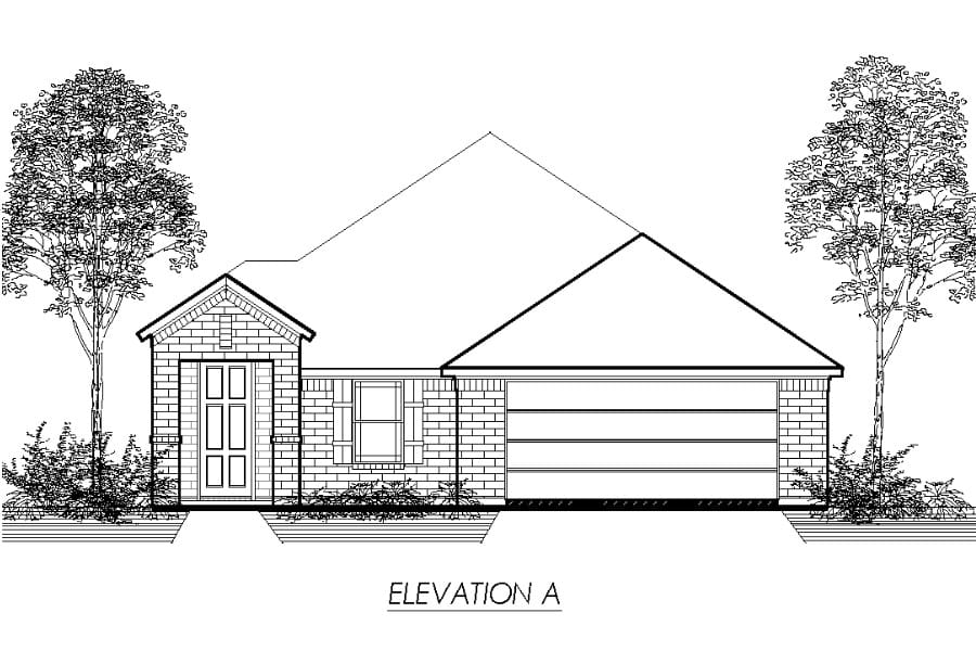 Architectural elevation drawing of a single-story house with a gabled roof and attached garage, flanked by trees.