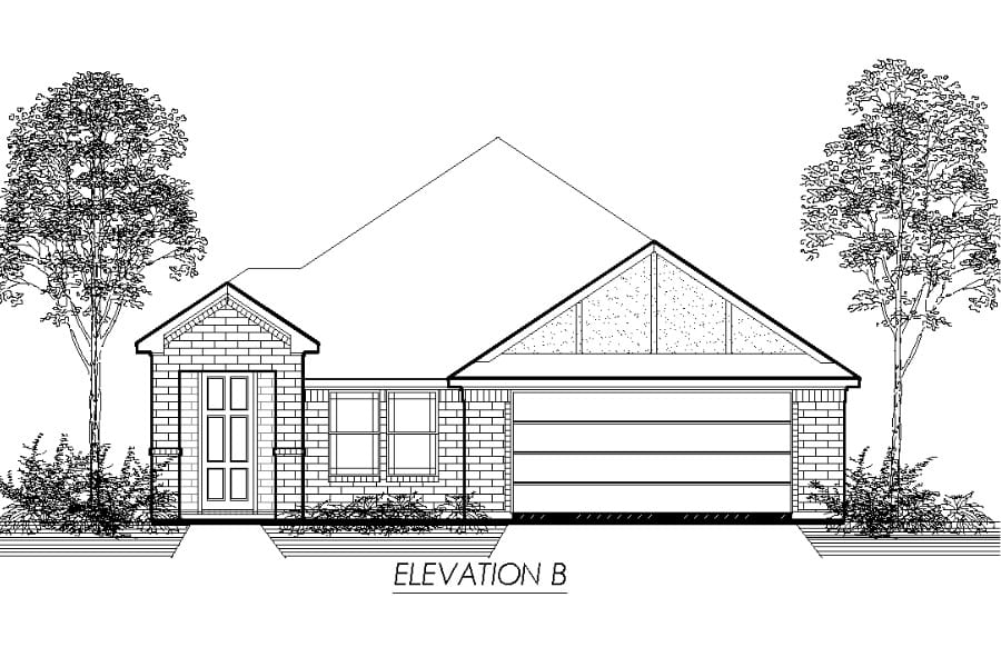 Architectural drawing of a single-story house with trees, labeled "elevation b.