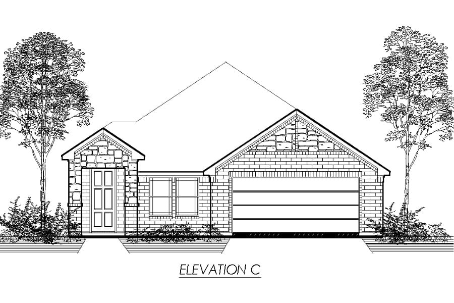 Architectural line drawing of a single-story house with a gabled roof and an attached garage, labeled "elevation c".