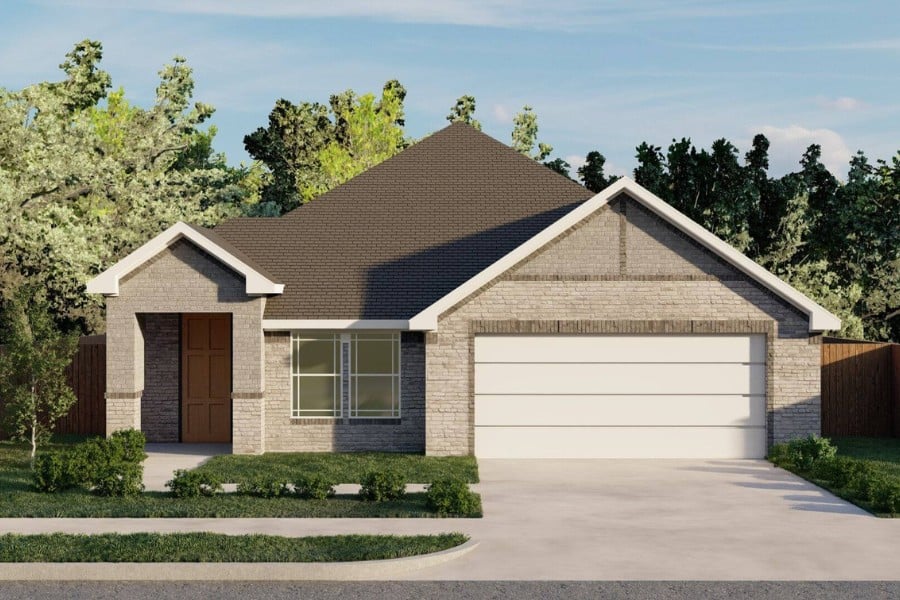 New single-story residential home with attached two-car garage and landscaped front yard.