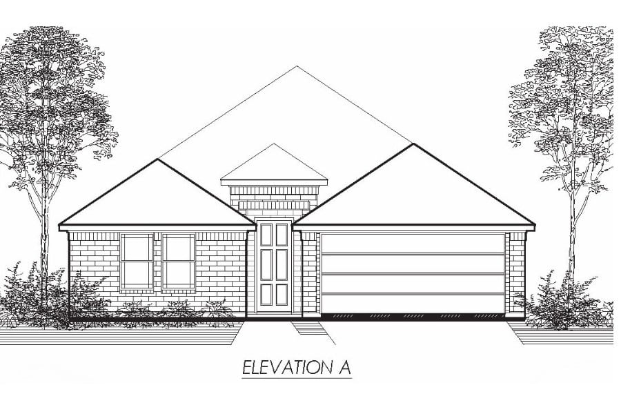 Architectural front elevation drawing of a single-story residential house with a gable roof and attached garage.