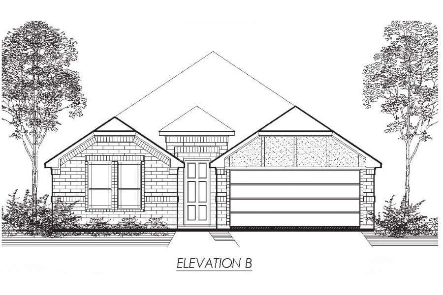 Architectural drawing of a single-story residential house with a gabled roof and attached garage, labeled "elevation b".