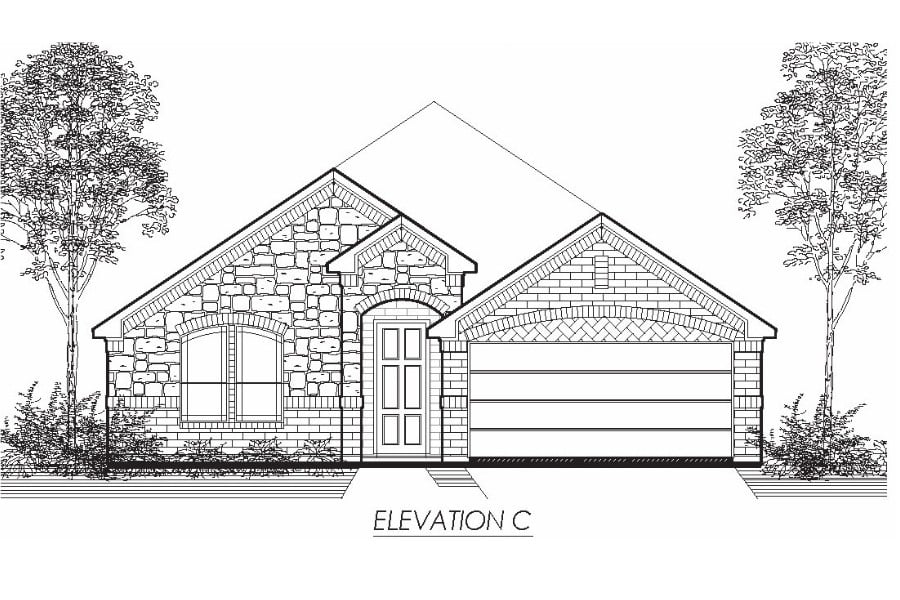Architectural line drawing of a single-story residential house with a brick facade and attached garage, labeled "elevation c".