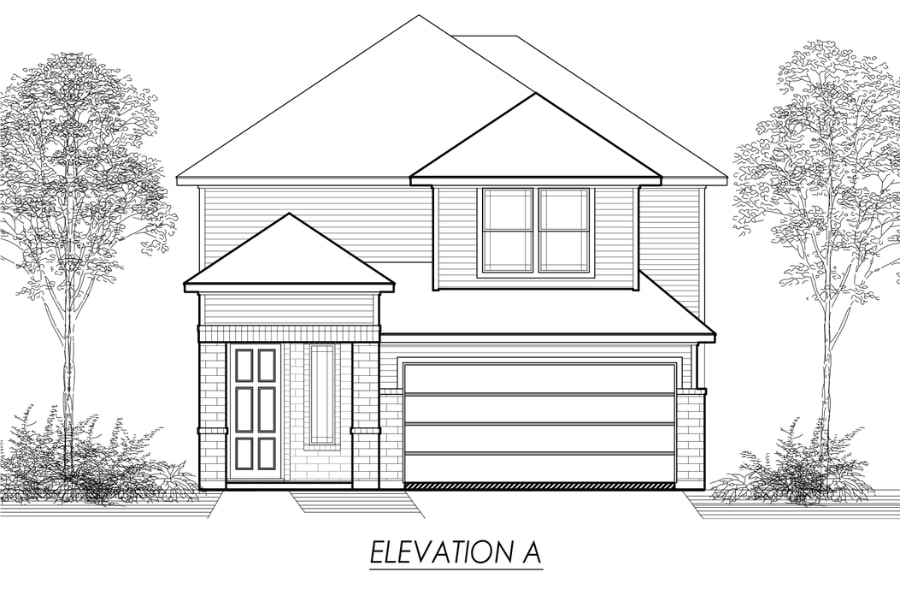 Architectural line drawing of a two-story residential house facade with elevation a label.