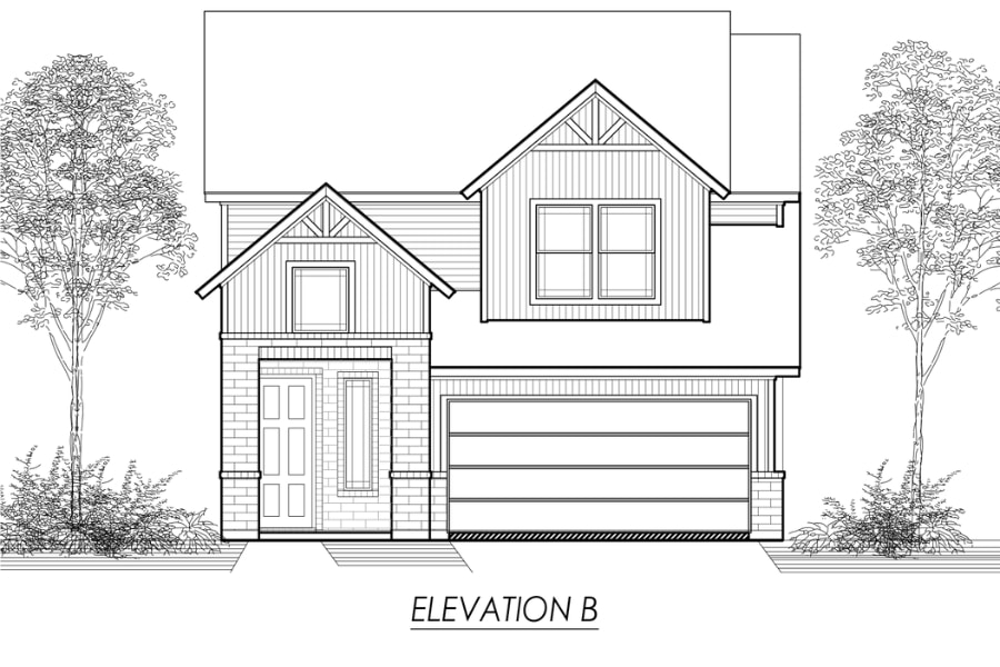 Architectural line drawing of a two-story house with a garage, labeled "elevation b".