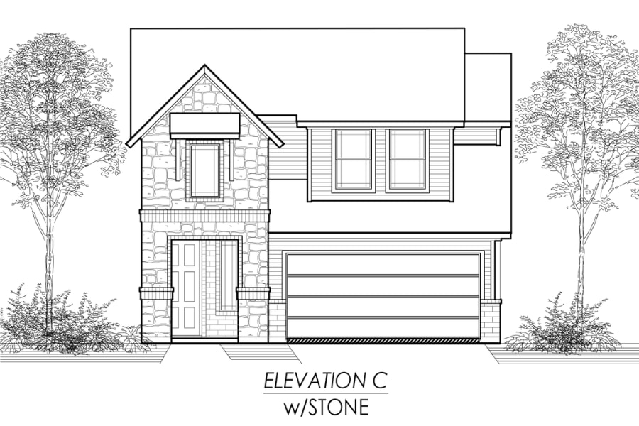 Architectural drawing of the front elevation of a two-story house with a stone facade and attached garage.
