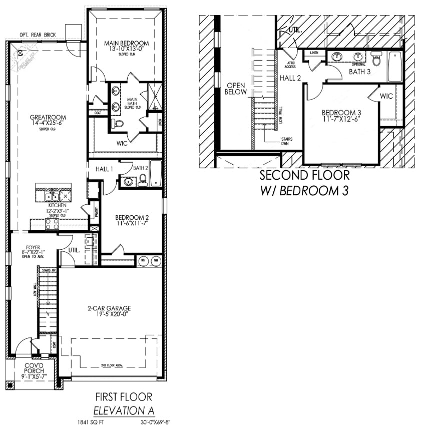 Architectural floor plan of a two-story house with three bedrooms and a two-car garage.