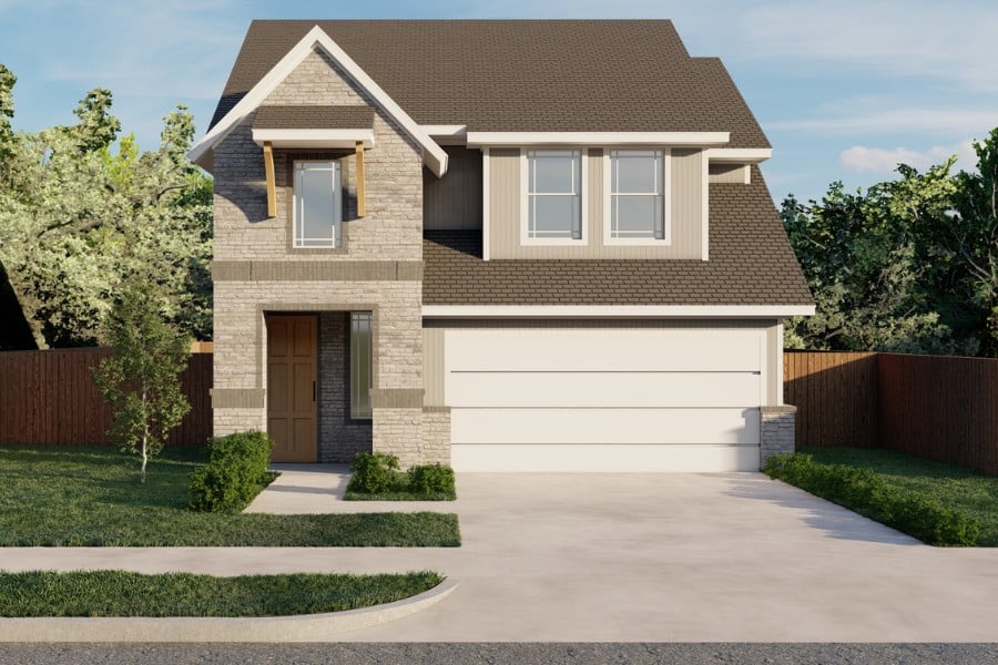 New suburban house with a two-car garage and landscaped front yard.