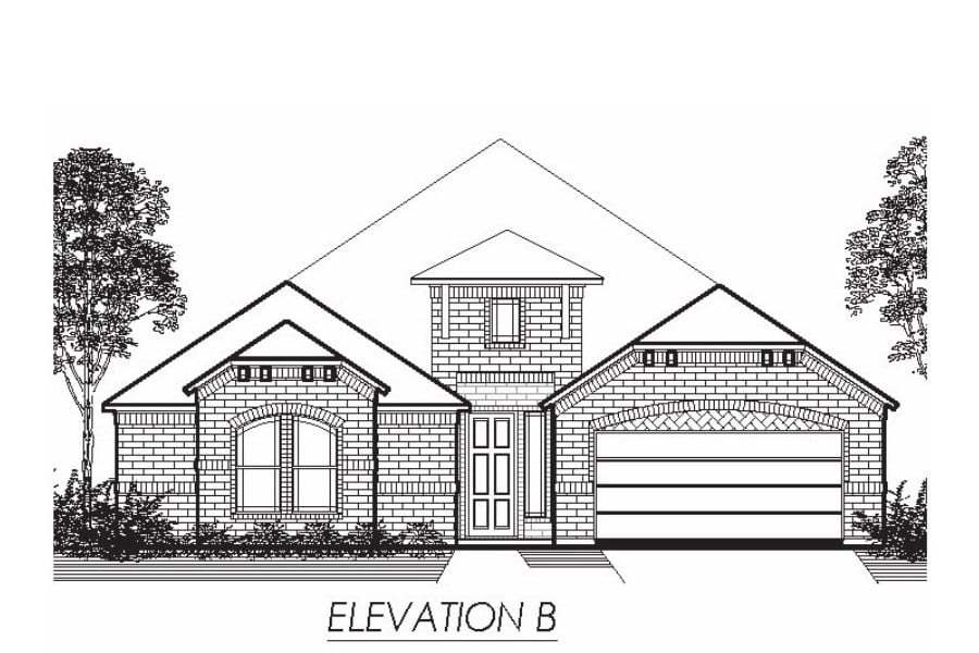 Architectural drawing of a single-story residential house with a front-facing garage and a central entrance, labeled "elevation b.