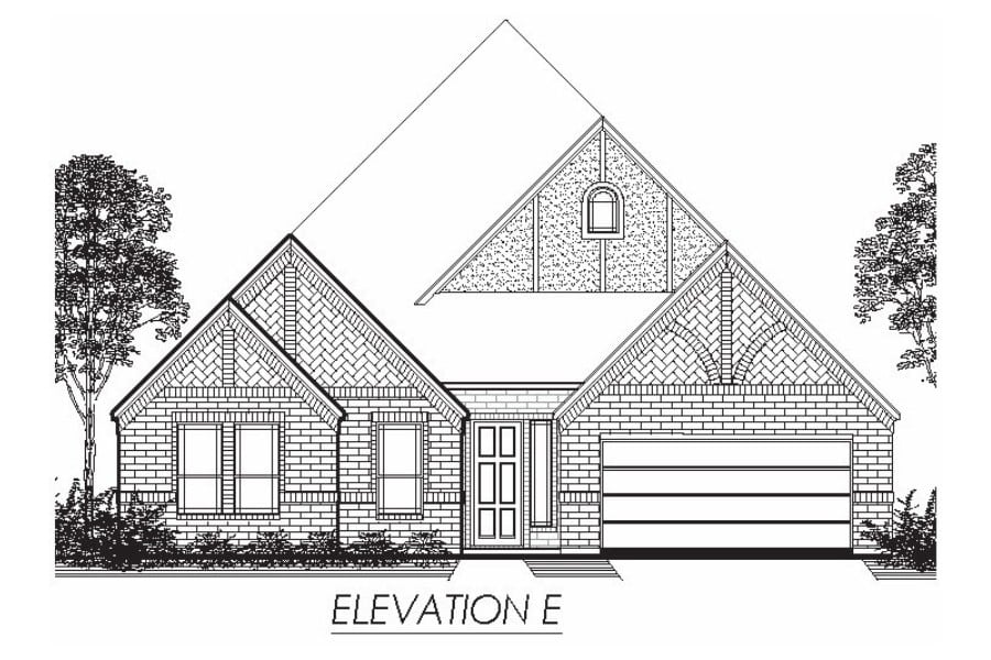 Architectural elevation drawing of a single-story residential house with a triangular gable roof and an attached garage.