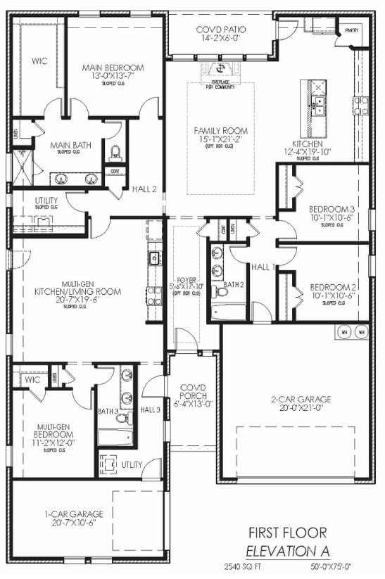 Black and white floor plan of a two-story house with labeled rooms, including multiple bedrooms, bathrooms, kitchen, family room, and garages.