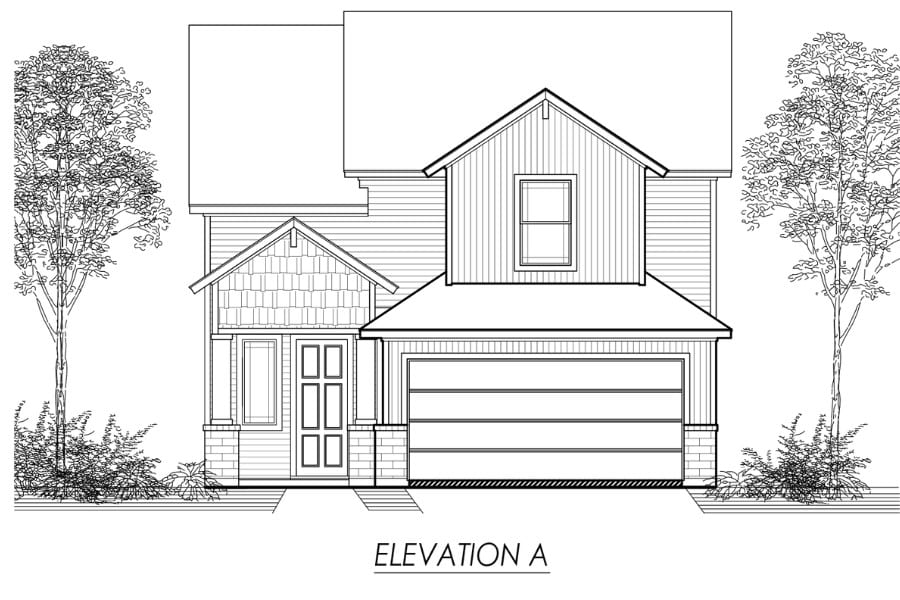 Architectural line drawing of a house front elevation labeled "elevation a" with trees on either side.
